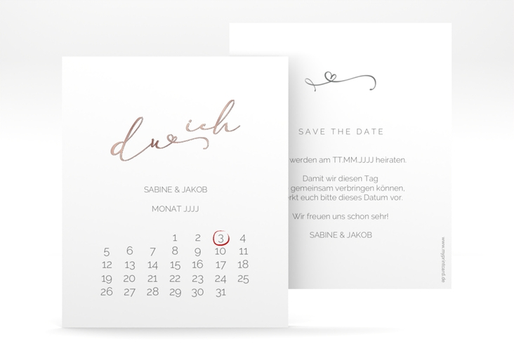 Save the Date-Kalenderblatt Zweisamkeit Kalenderblatt-Karte weiss rosegold im minimalistischen Stil mit Aufschrift du & ich