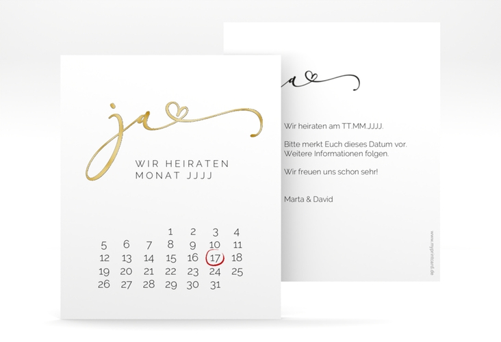 Save the Date-Kalenderblatt Jawort Kalenderblatt-Karte weiss gold modern minimalistisch mit veredelter Aufschrift