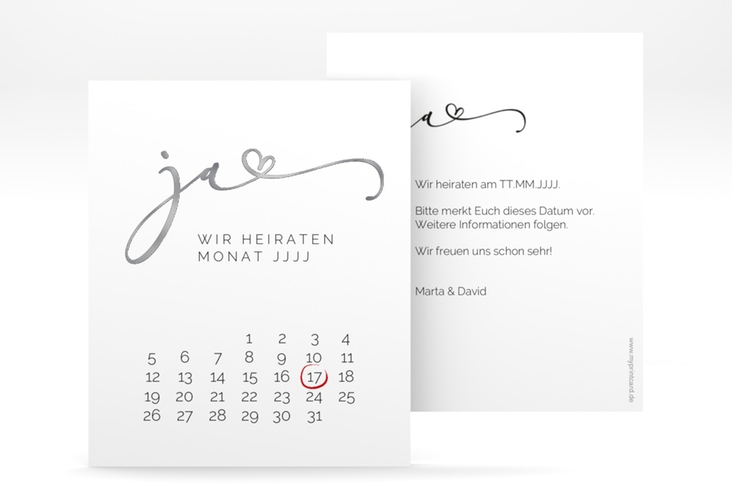 Save the Date-Kalenderblatt Jawort Kalenderblatt-Karte weiss silber modern minimalistisch mit veredelter Aufschrift