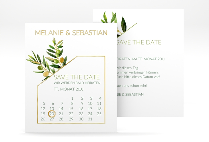 Save the Date-Kalenderblatt Olivenzweig Kalenderblatt-Karte weiss gold