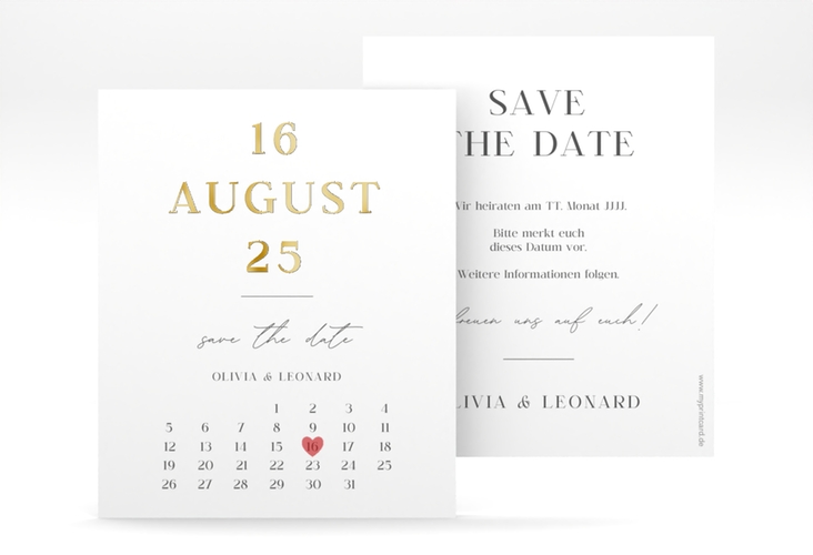 Save the Date-Kalenderblatt Authentisch Kalenderblatt-Karte weiss gold in schlichtem Design mit großem Hochzeitsdatum
