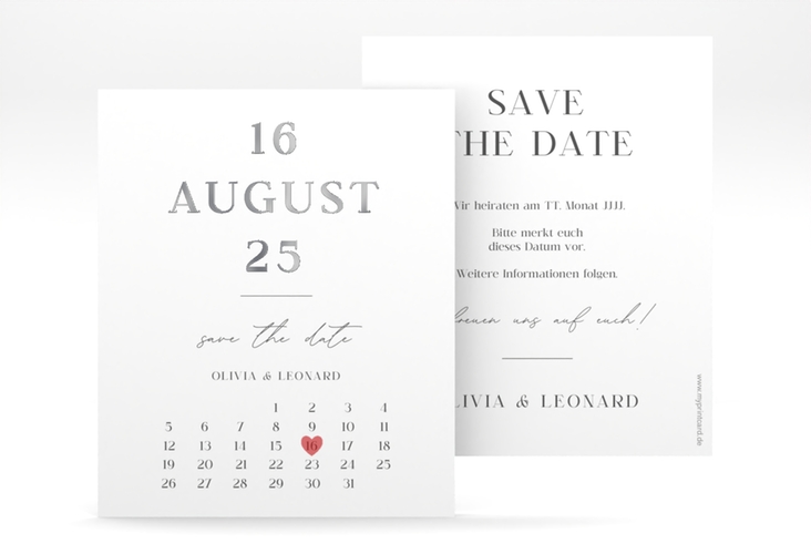 Save the Date-Kalenderblatt Authentisch Kalenderblatt-Karte weiss silber in schlichtem Design mit großem Hochzeitsdatum
