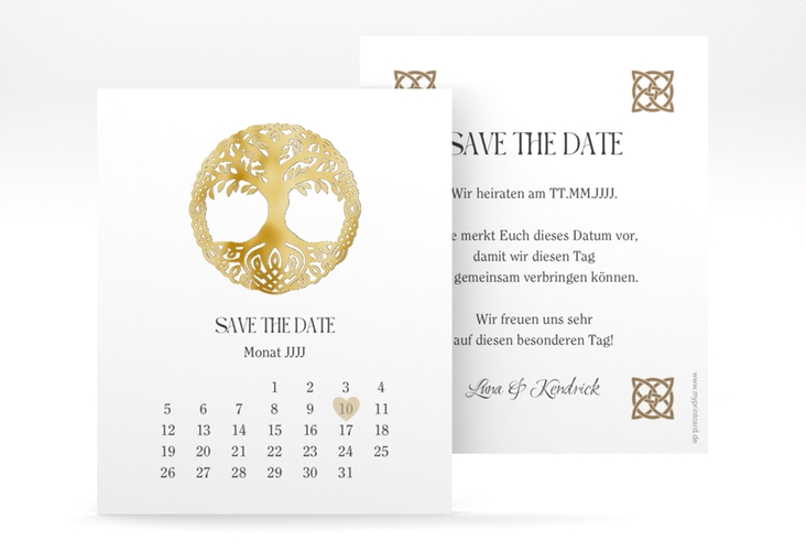 Save the Date-Kalenderblatt Lebensbaum Kalenderblatt-Karte weiss gold im Stil der Kelten und Wikinger