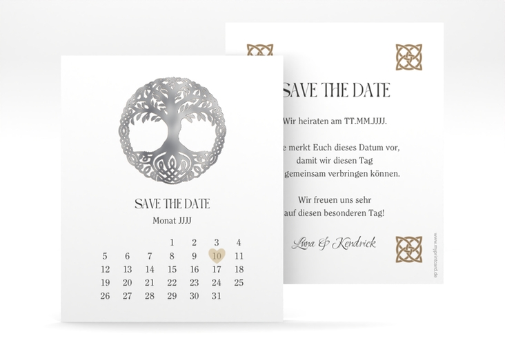 Save the Date-Kalenderblatt Lebensbaum Kalenderblatt-Karte weiss silber im Stil der Kelten und Wikinger