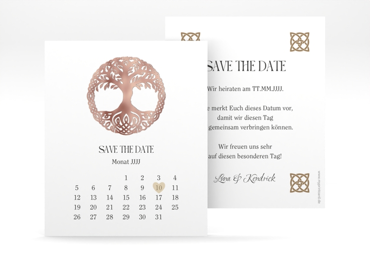Save the Date-Kalenderblatt Lebensbaum Kalenderblatt-Karte weiss rosegold im Stil der Kelten und Wikinger