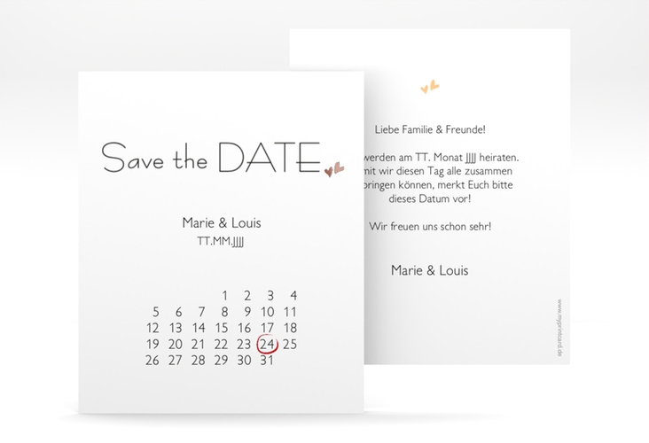 Save the Date-Kalenderblatt Twohearts Kalenderblatt-Karte beige rosegold