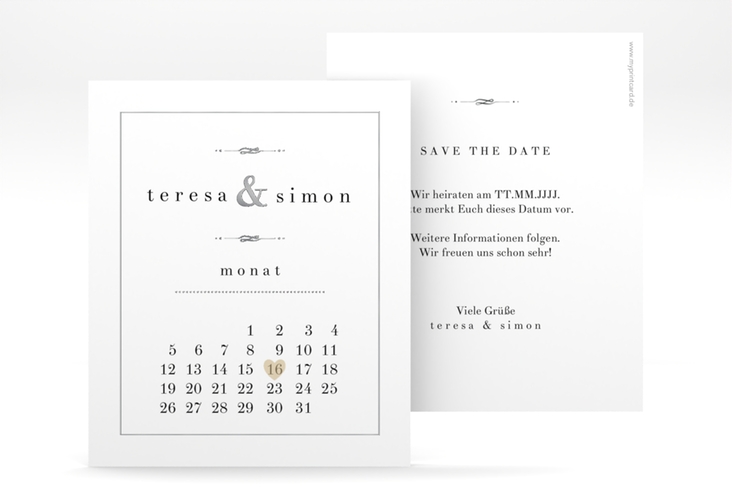 Save the Date-Kalenderblatt Manorial Kalenderblatt-Karte weiss silber