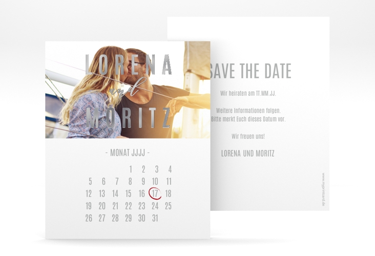 Save the Date-Kalenderblatt Memory Kalenderblatt-Karte weiss silber