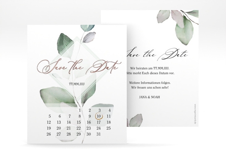 Save the Date-Kalenderblatt Foglia Kalenderblatt-Karte weiss rosegold edel mit Eukalyptus im Aquarell-Design