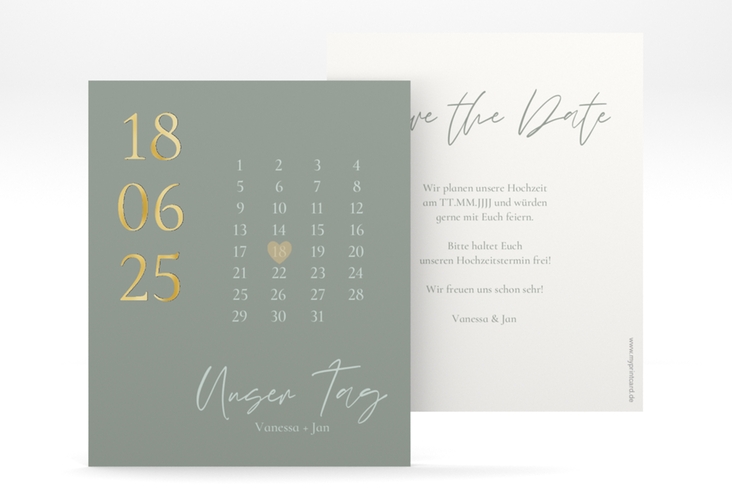 Save the Date-Kalenderblatt Day Kalenderblatt-Karte gruen gold mit Datum im minimalistischen Design