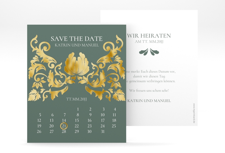 Save the Date-Kalenderblatt Royal Kalenderblatt-Karte gruen gold mit barockem Blumen-Ornament