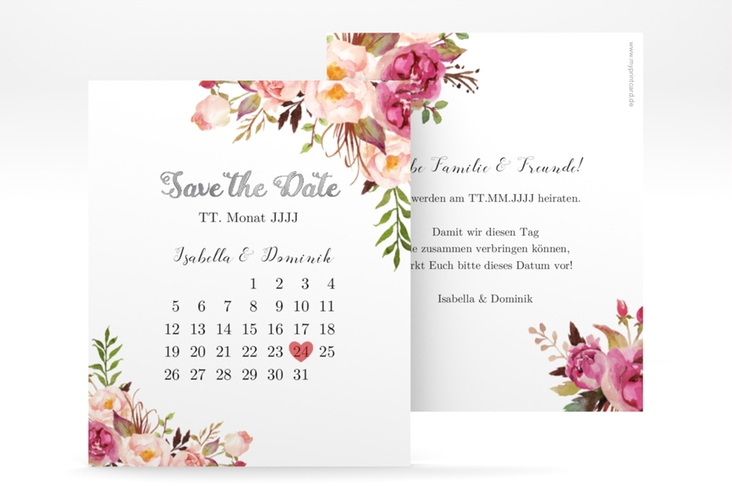 Save the Date-Kalenderblatt Flowers Kalenderblatt-Karte weiss silber mit bunten Aquarell-Blumen