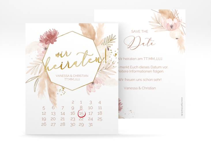 Save the Date-Kalenderblatt Bohostyle Kalenderblatt-Karte beige gold mit Pampasgras in Aquarell