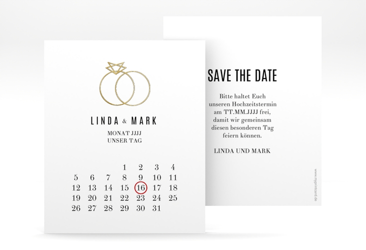 Save the Date-Kalenderblatt Rings Kalenderblatt-Karte weiss gold