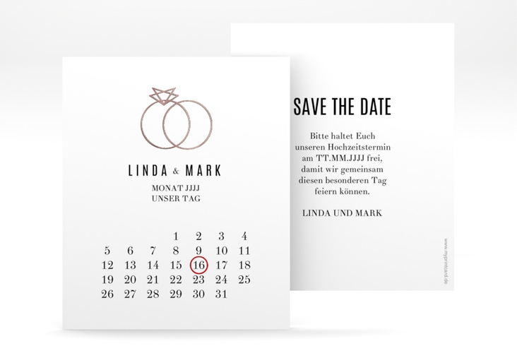 Save the Date-Kalenderblatt Rings Kalenderblatt-Karte weiss rosegold