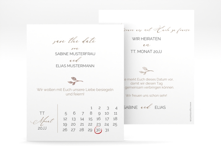 Save the Date-Kalenderblatt Plain Kalenderblatt-Karte weiss rosegold
