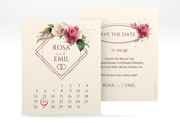 Save the Date-Kalenderblatt Rosenbogen Kalenderblatt-Karte beige rosegold