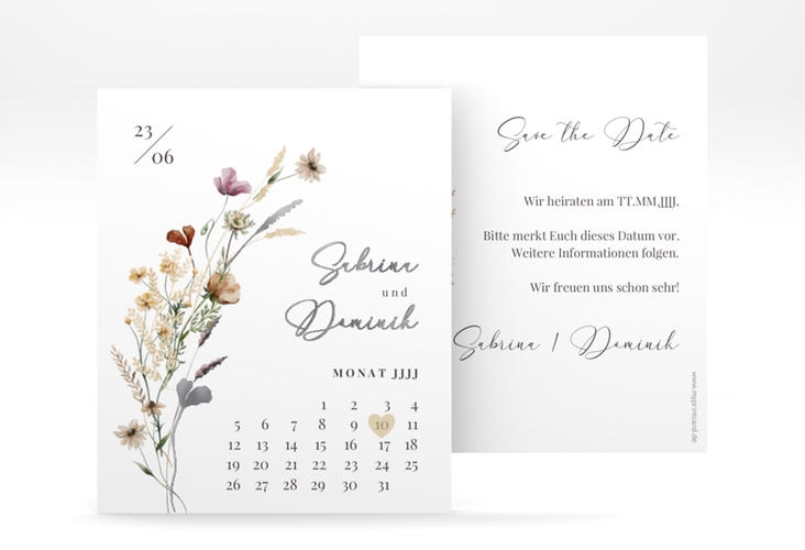 Save the Date-Kalenderblatt Sauvages Kalenderblatt-Karte weiss silber mit getrockneten Wiesenblumen