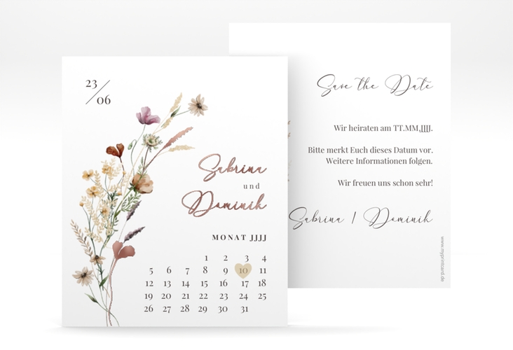 Save the Date-Kalenderblatt Sauvages Kalenderblatt-Karte weiss rosegold mit getrockneten Wiesenblumen