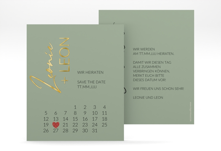 Save the Date-Kalenderblatt Your Name Kalenderblatt-Karte gruen gold