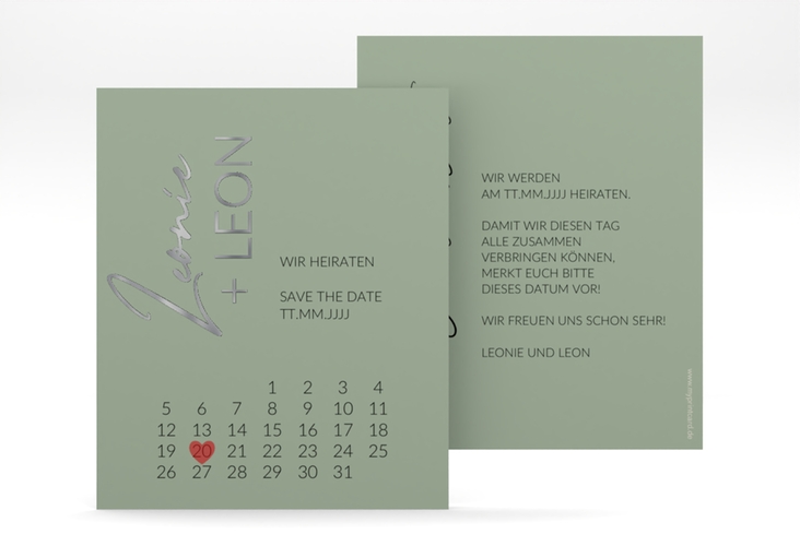 Save the Date-Kalenderblatt Your Name Kalenderblatt-Karte gruen silber