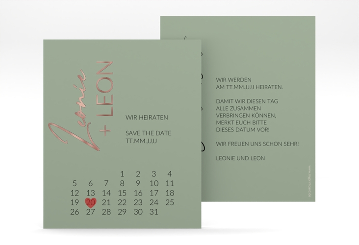 Save the Date-Kalenderblatt Your Name Kalenderblatt-Karte gruen rosegold