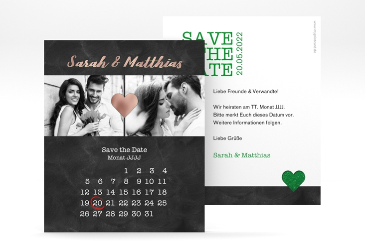 Save the Date-Kalenderblatt Sparkly Kalenderblatt-Karte gruen rosegold