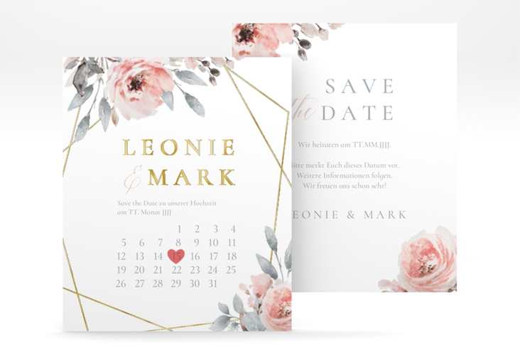 Save the Date-Kalenderblatt Perfection Kalenderblatt-Karte weiss gold mit rosa Rosen