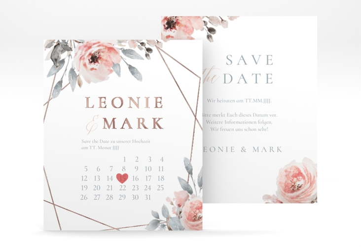 Save the Date-Kalenderblatt Perfection Kalenderblatt-Karte weiss rosegold mit rosa Rosen