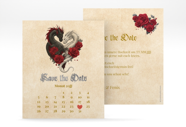 Save the Date-Kalenderblatt Drachenliebe Kalenderblatt-Karte beige silber mit schwarzem und weißem Drachen zu einem Herz verschlungen