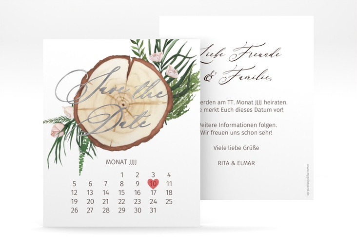 Save the Date-Kalenderblatt Woodland Kalenderblatt-Karte weiss silber