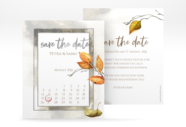 Save the Date-Kalenderblatt Herbst Kalenderblatt-Karte braun silber mit orangefarbigem Herbstlaub in Aquarell