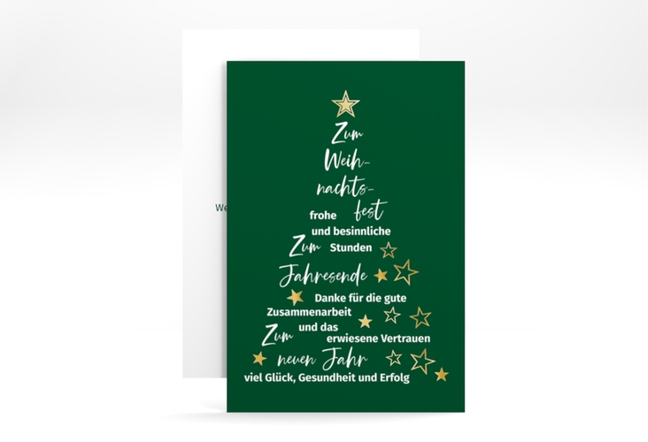 Geschäftliche Weihnachtskarte Oh Tannenbaum A6 Karte hoch gruen gold mit Weihnachtsbaum aus Glückwünschen und Sternen