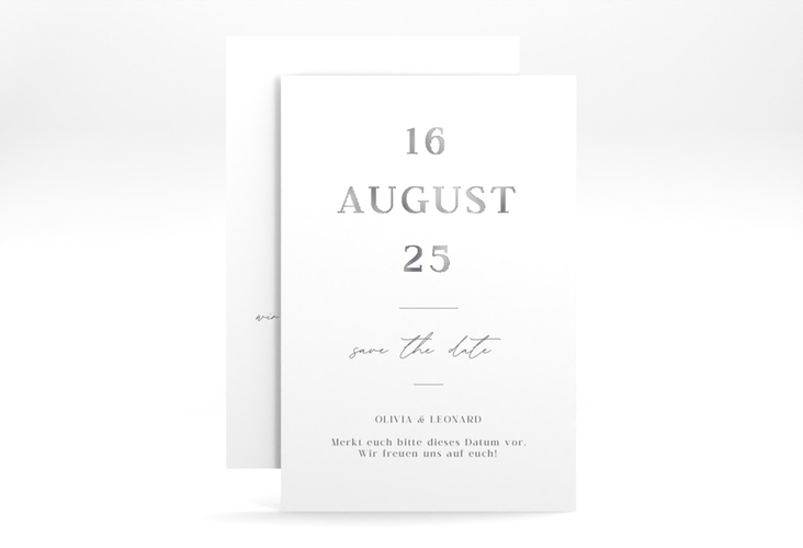 Save the Date-Karte Authentisch A6 Karte hoch weiss silber in schlichtem Design mit großem Hochzeitsdatum