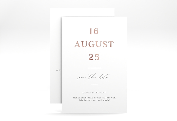 Save the Date-Karte Authentisch A6 Karte hoch weiss rosegold in schlichtem Design mit großem Hochzeitsdatum