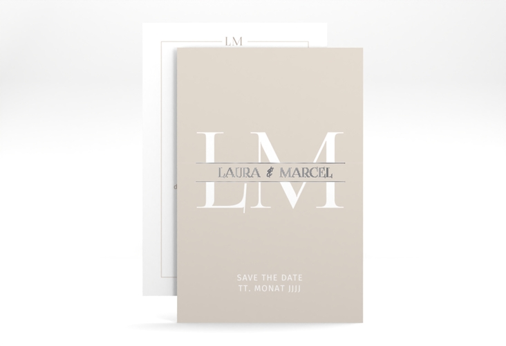 Save the Date-Karte Monogramm A6 Karte hoch beige silber