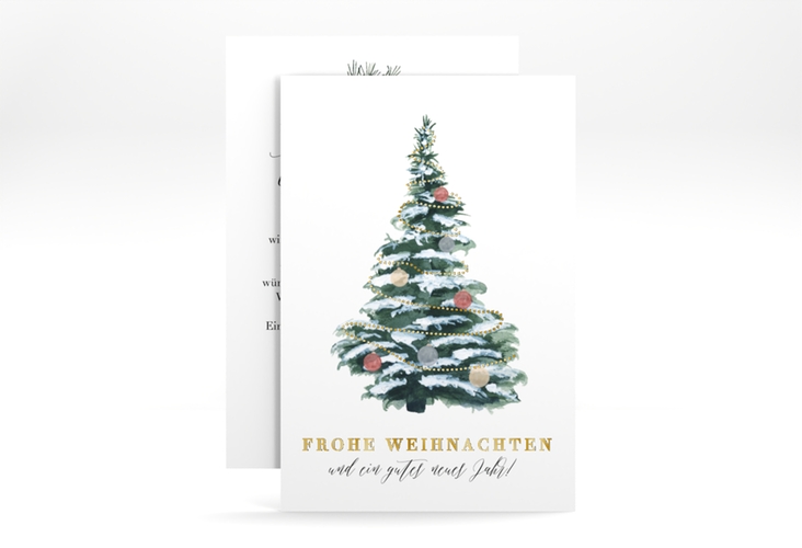 Business-Weihnachtskarte Wintertanne A6 Karte hoch gruen gold mit dekoriertem Tannenbaum voll Schnee
