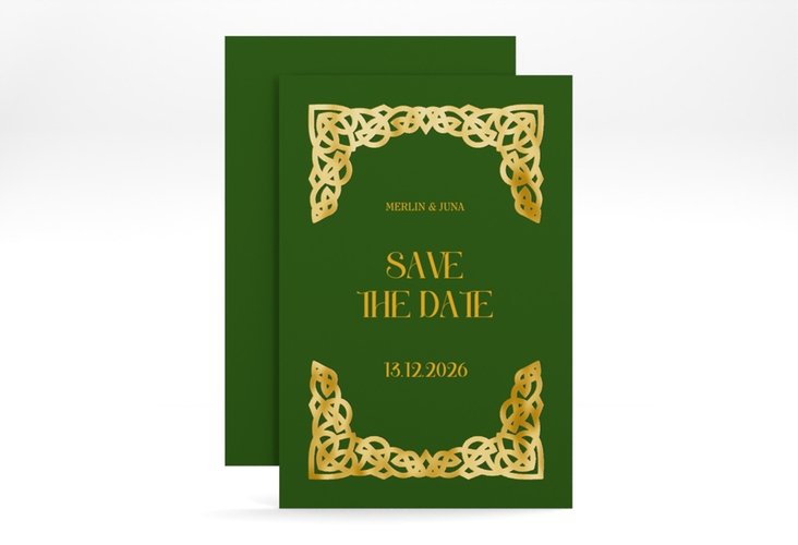 Save the Date-Karte Celtic A6 Karte hoch gruen gold mit keltischem Knoten in irischen Farben