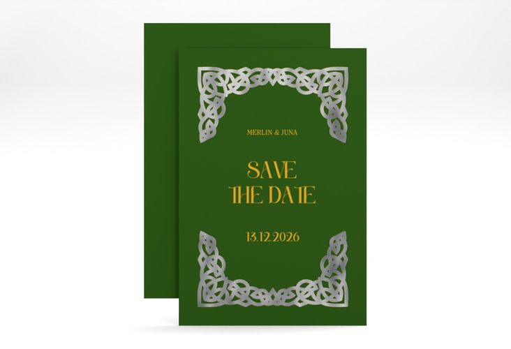 Save the Date-Karte Celtic A6 Karte hoch gruen silber mit keltischem Knoten in irischen Farben
