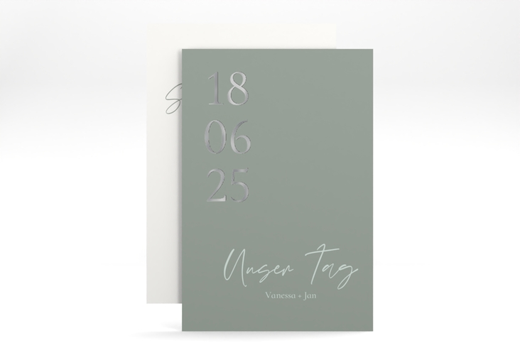 Save the Date-Karte Day A6 Karte hoch gruen silber mit Datum im minimalistischen Design