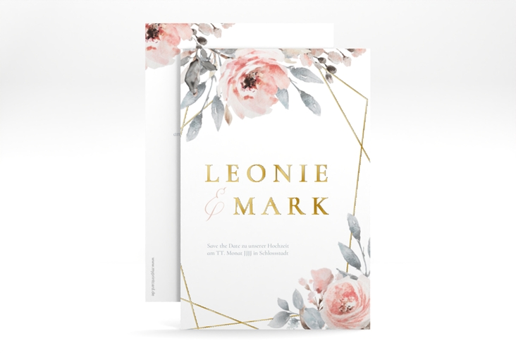 Save the Date-Karte Perfection A6 Karte hoch weiss gold mit rosa Rosen