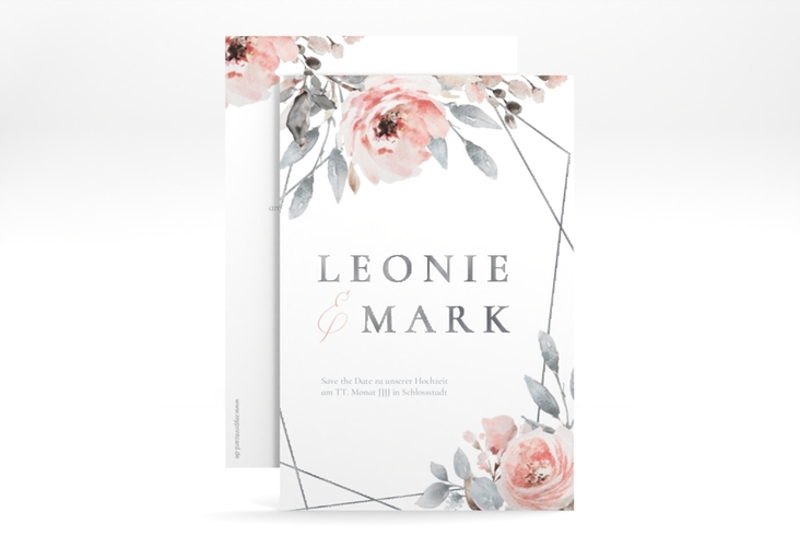 Save the Date-Karte Perfection A6 Karte hoch weiss silber mit rosa Rosen