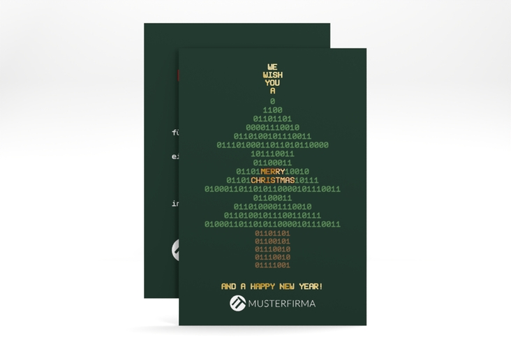 Business-Weihnachtskarte Binär A6 Karte hoch gruen gold mit Weihnachtsbaum aus Binärzahlen