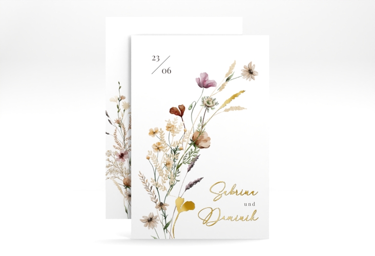 Save the Date-Karte Sauvages A6 Karte hoch weiss gold mit getrockneten Wiesenblumen