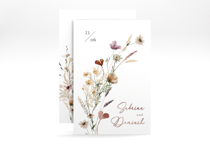 Save the Date-Karte Sauvages A6 Karte hoch weiss rosegold mit getrockneten Wiesenblumen