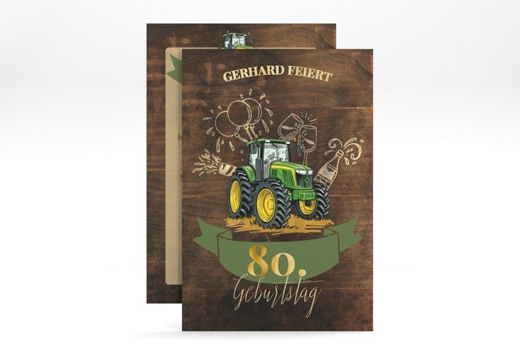 Einladung 80. Geburtstag Bulldog A6 Karte hoch braun gold