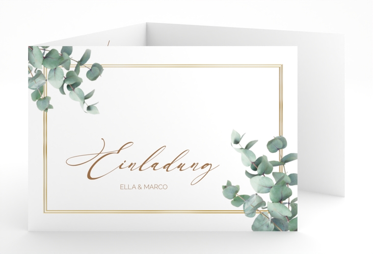 Hochzeitseinladung "Eucalypt" A6 Doppel-Klappkarte weiss gold mit Eukalyptus und edlem Rahmen