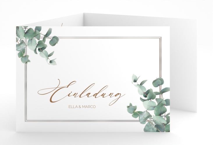 Hochzeitseinladung Eucalypt A6 Doppel-Klappkarte weiss silber mit Eukalyptus und edlem Rahmen