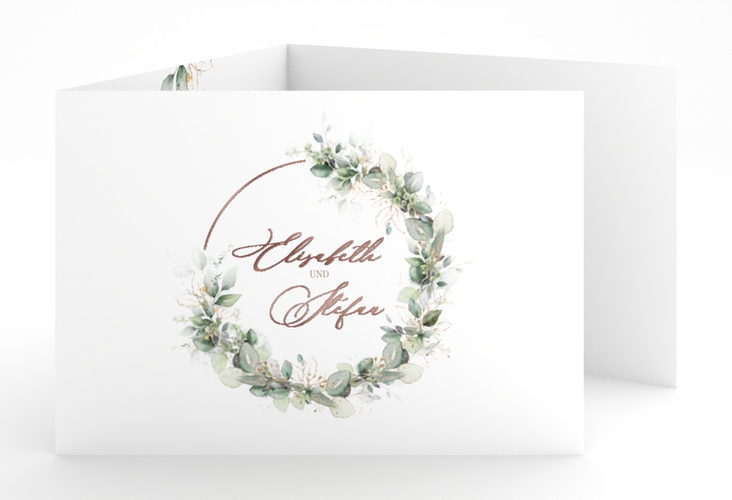 Hochzeitseinladung Selvatica A6 Doppel-Klappkarte weiss rosegold mit Eukalyptus-Kranz