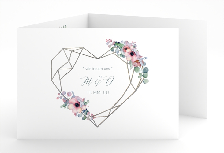 Hochzeitseinladung Herzgold A6 Doppel-Klappkarte weiss silber